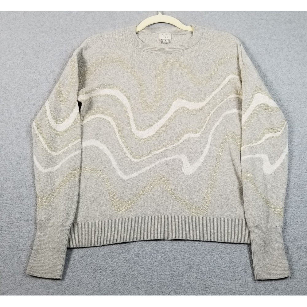 A New Day Sweater Women S Small‎ Grey Gold Metallic Wave Knit Pullover Texture
